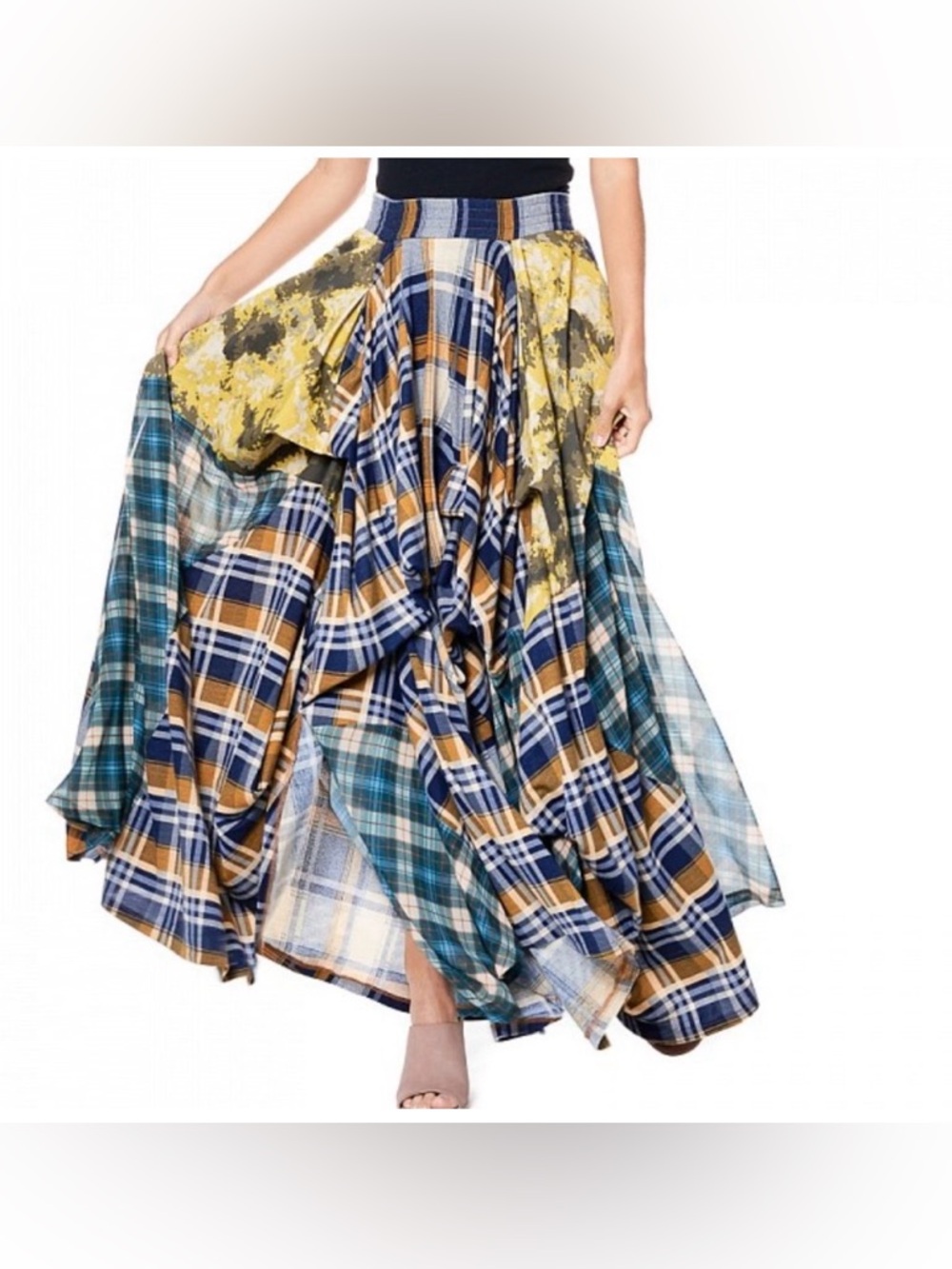 TOV Noir The Damsel's Yellow Plaid Flowing Maxi Skirt Pockets!! Sz EU42 US10 - Picture 14 of 16
